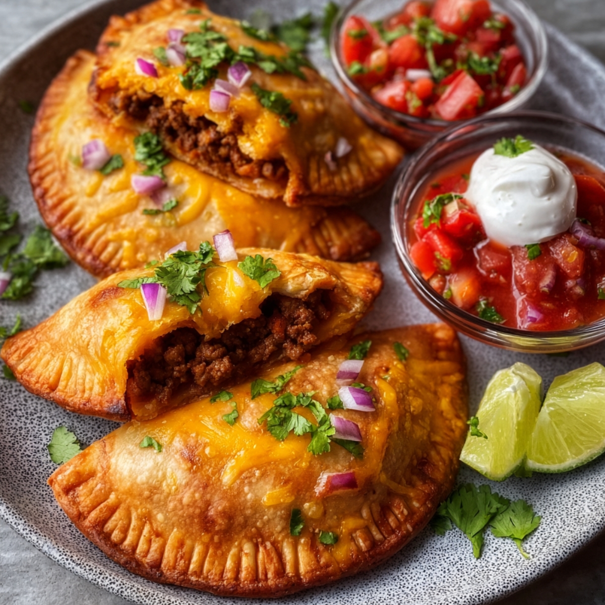 Spicy crispy Mexican taco pockets on a dark plate with golden-brown crimped pastry edges, filled with seasoned ground beef and melted cheese oozing out, garnished with diced red onions and cilantro, served with bowls of pico de gallo and sour cream, lime wedges on the side