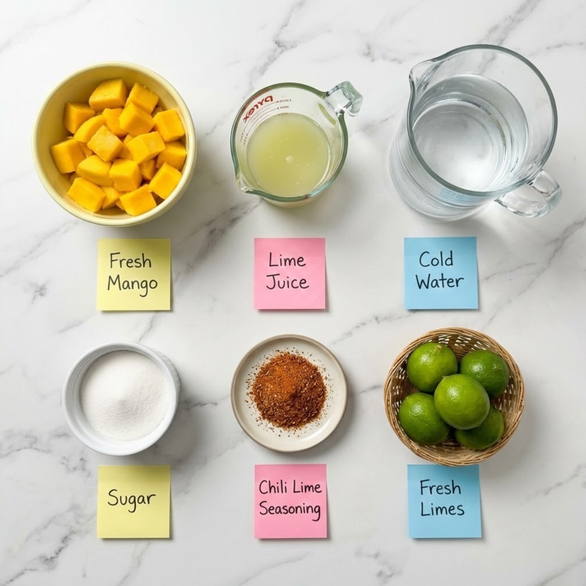 Overhead view of limeade ingredients including mango, lime juice, sugar, and chili seasoning organized in bowls and jugs with sticky note labels on a marble counter.
