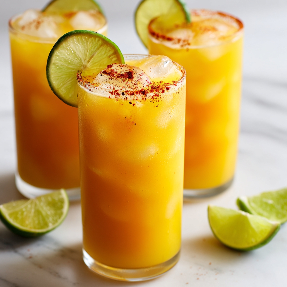 Three glasses of spicy mango limeade with bright golden-orange color, chili salt-rimmed glasses, filled with ice, garnished with fresh lime wheels, lime wedges scattered on white surface