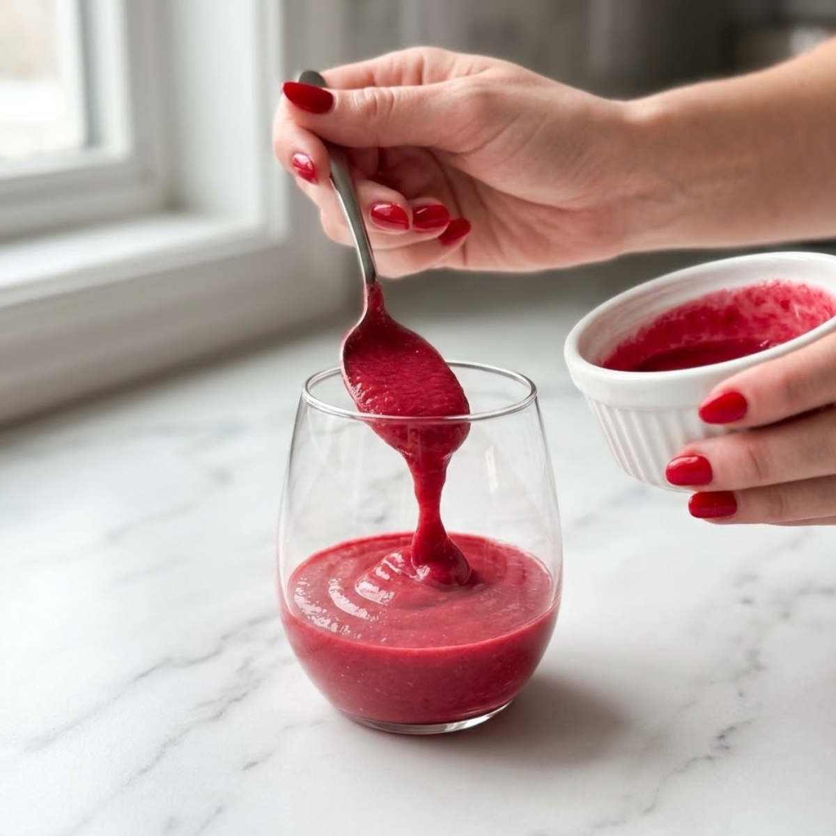 Extreme close-up view focusing tightly on a young woman's hand with soft skin and polished Classic Red nails holding a spoon. She is gently and carefully transferring thick, vibrant pink raspberry puree from a small bowl into a clean stemless serving glass resting on a modern white marble counter. Natural light from a window on the left highlights the textures.