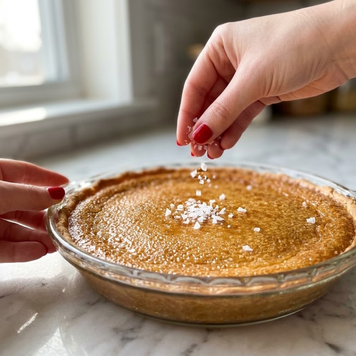Close-up of a young woman's hands with classic red nails sprinkling large flaky sea salt crystals over the warm, baked golden-brown surface of a Salted Honey Pie in a glass dish on a white marble kitchen counter.