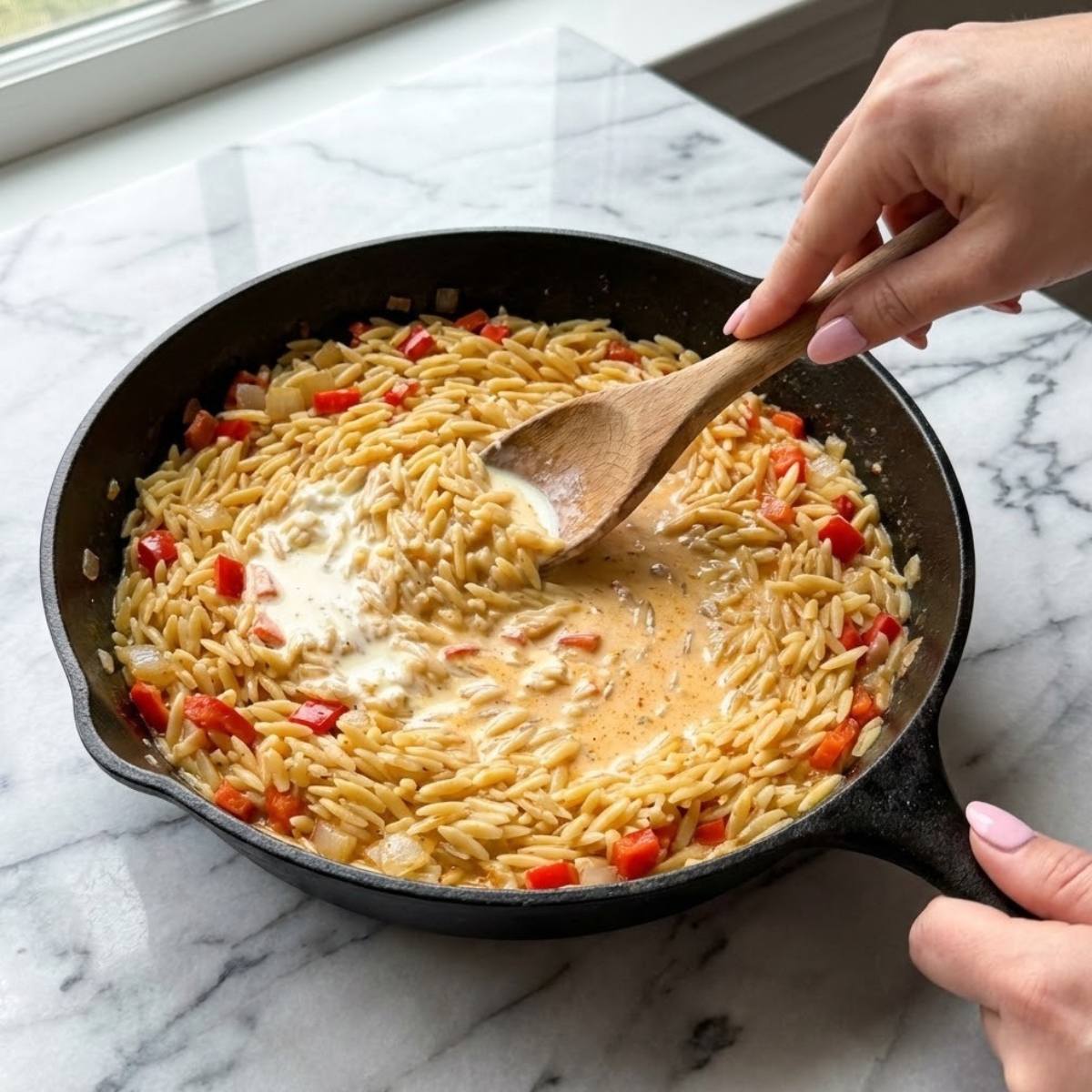 Close up of stirring cream and cheese into cooked orzo to make a creamy alfredo sauce.
