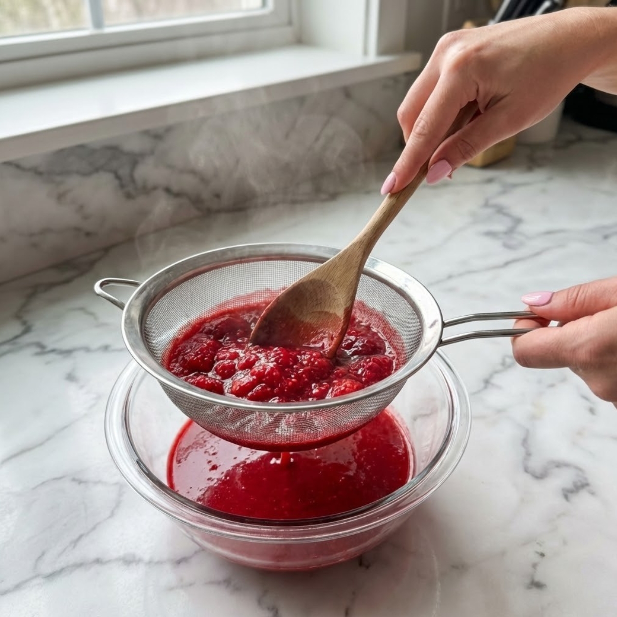 Close up of hands straining cooked raspberries through a fine mesh sieve to make puree.