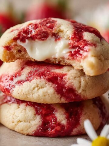Close-up of a stack of three soft strawberry cheesecake cookies, with the top cookie bitten to reveal a creamy white cream cheese filling center. The golden sugar cookies are swirled with vibrant red strawberry jam throughout. Fresh strawberries and white daisy flowers with yellow centers are arranged around the base of the stack, with more strawberries softly blurred in the background.