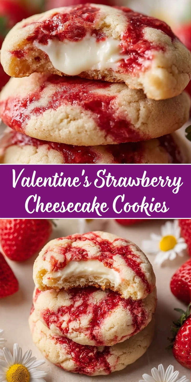 Valentine's Day Strawberry Cheesecake Cookies in a two-photo Pinterest collage. Top image shows a close-up stack of two soft sugar cookies swirled with red strawberry jam and a creamy white cream cheese filling, with a bite taken from the top cookie. Bottom image shows a single bitten cookie surrounded by fresh whole strawberries and white daisy flowers on a light surface. A purple banner with white script text reading 'Valentine's Strawberry Cheesecake Cookies' separates the two photos.