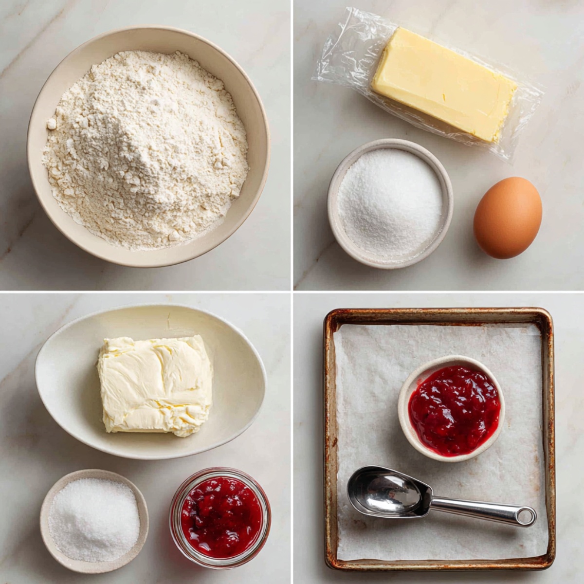 Ingredients for Strawberry Cheesecake Cookies arranged in a 4-panel flat lay on a white marble kitchen counter.