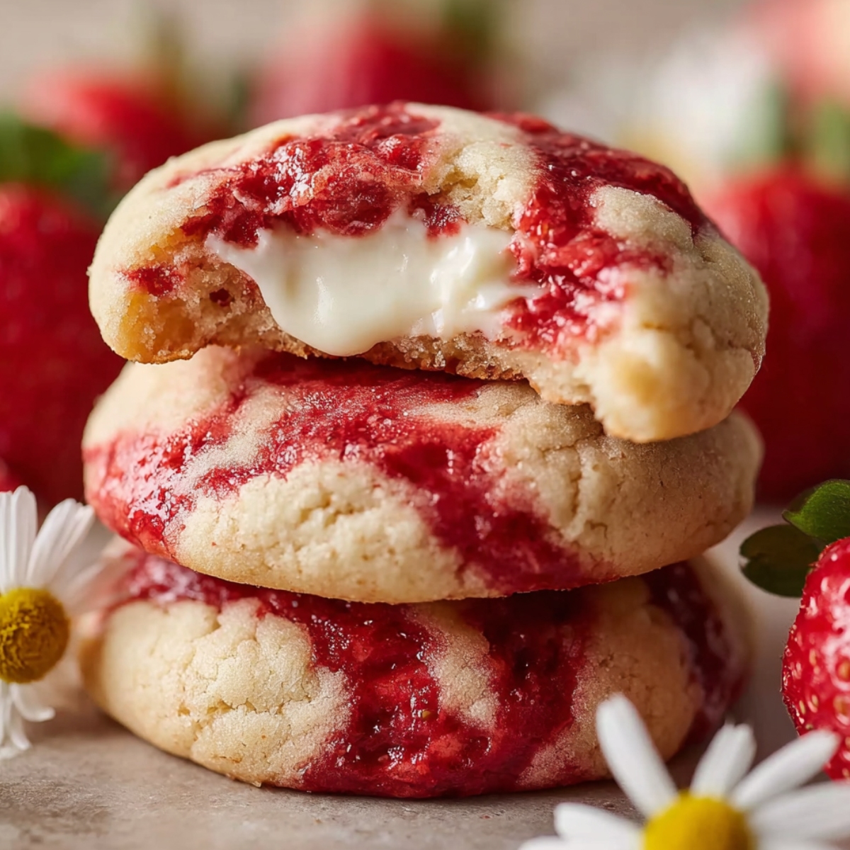 Close-up of a stack of three soft strawberry cheesecake cookies, with the top cookie bitten to reveal a creamy white cream cheese filling center. The golden sugar cookies are swirled with vibrant red strawberry jam throughout. Fresh strawberries and white daisy flowers with yellow centers are arranged around the base of the stack, with more strawberries softly blurred in the background.