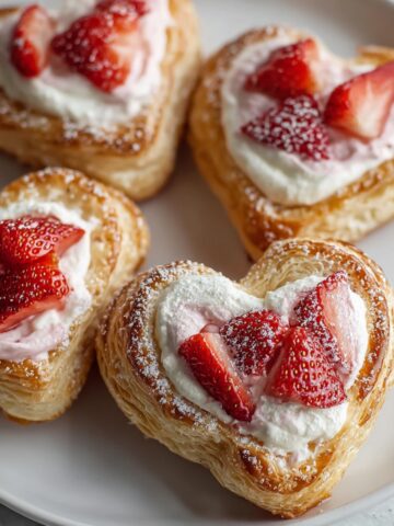 Four heart-shaped strawberry cream cheese danishes on a white plate, featuring golden, flaky, layered puff pastry filled with pink-tinted sweetened cream cheese and topped with fresh sliced strawberries, lightly dusted with powdered sugar. Close-up overhead view.