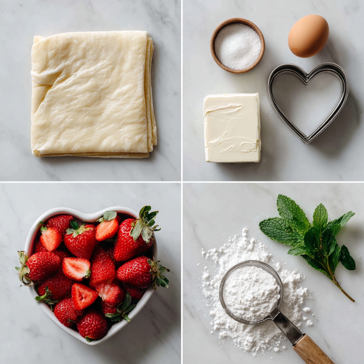 Ingredients for Strawberry Cream Cheese Heart Danishes arranged in a 4-panel flat lay on a white marble kitchen counter.