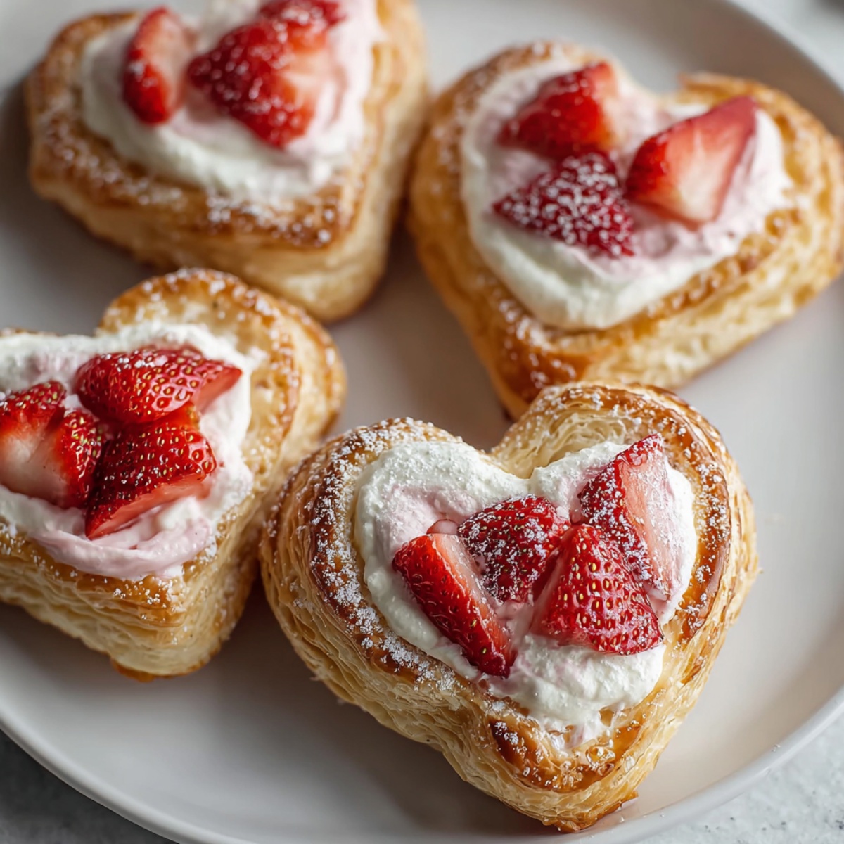 Four heart-shaped strawberry cream cheese danishes on a white plate, featuring golden, flaky, layered puff pastry filled with pink-tinted sweetened cream cheese and topped with fresh sliced strawberries, lightly dusted with powdered sugar. Close-up overhead view.