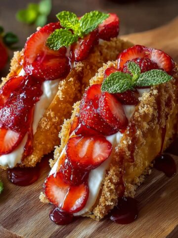 Two strawberry crunch cheesecake tacos on a wooden cutting board, featuring crispy golden crumb-coated taco shells filled with creamy cheesecake, piled with fresh sliced strawberries, drizzled with glossy strawberry sauce, and garnished with fresh mint leaves, with whole strawberries blurred in the background.