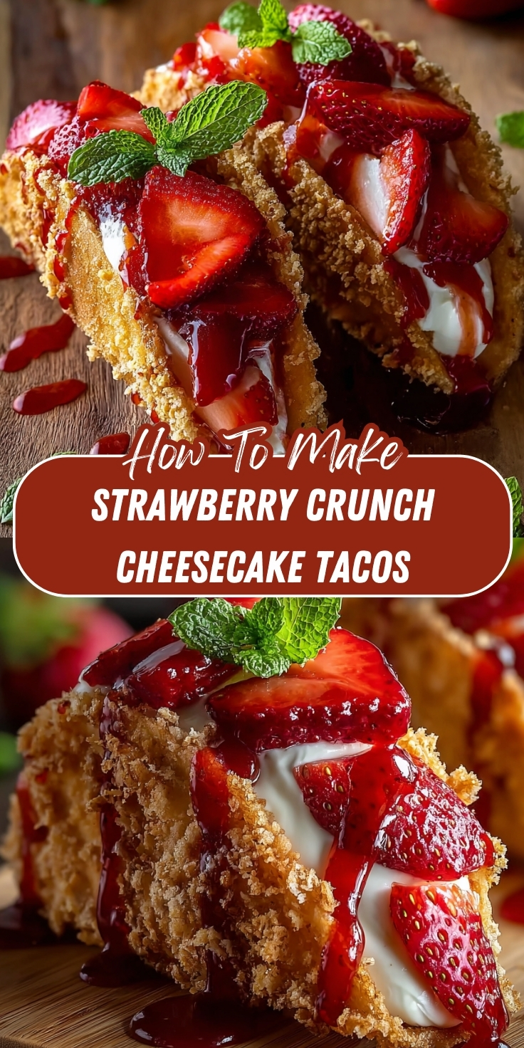 Pinterest recipe graphic showing two close-up photos of strawberry crunch cheesecake tacos — crispy golden graham cracker-coated taco shells filled with creamy cheesecake, topped with fresh sliced strawberries, strawberry sauce drizzle, and fresh mint leaves, with text overlay reading 'How-To-Make Strawberry Crunch Cheesecake Tacos.