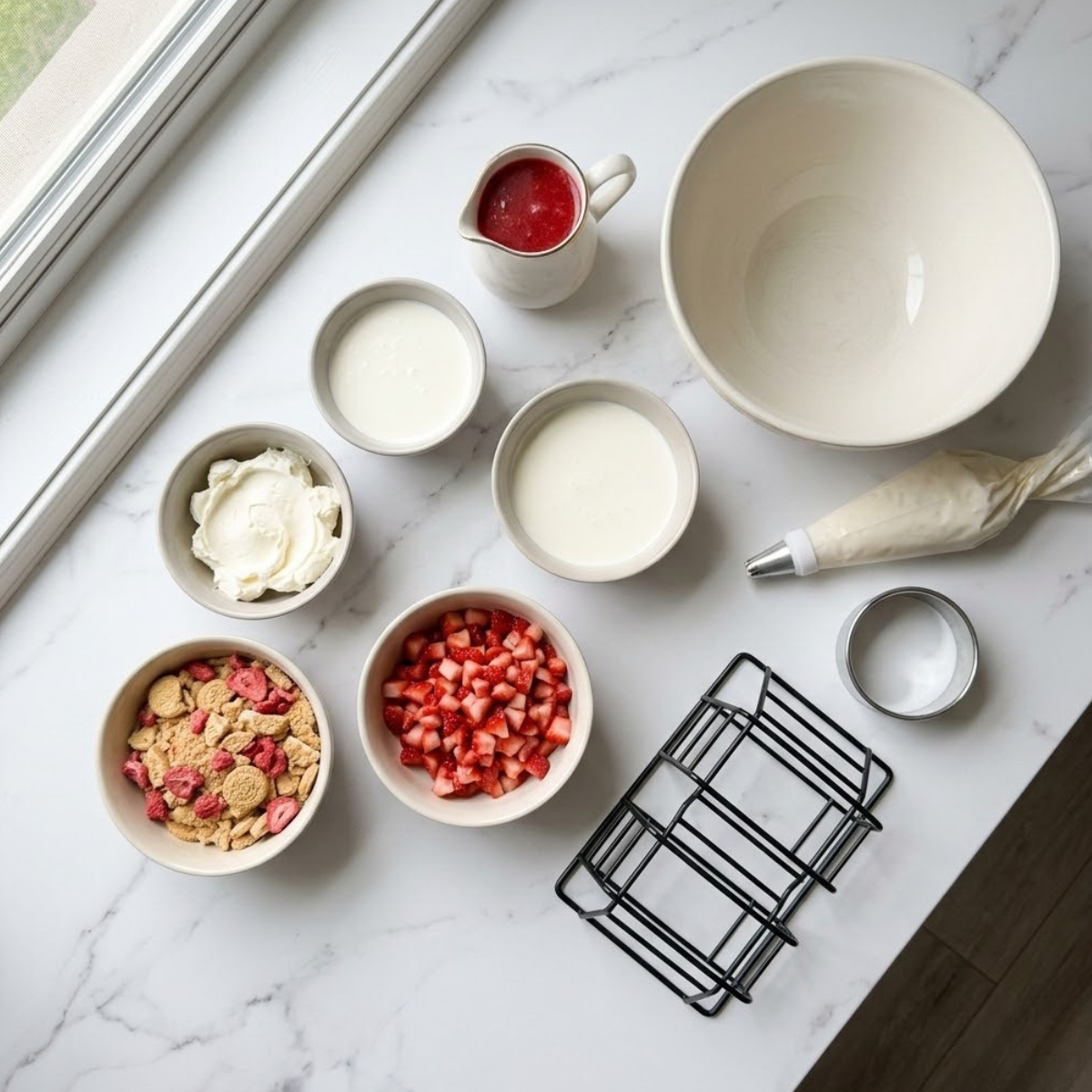 Overhead view of Strawberry Crunch Cheesecake Taco ingredients including cream cheese, heavy cream, cookie crumbs, strawberries, and syrup organized on a white marble counter without hands.