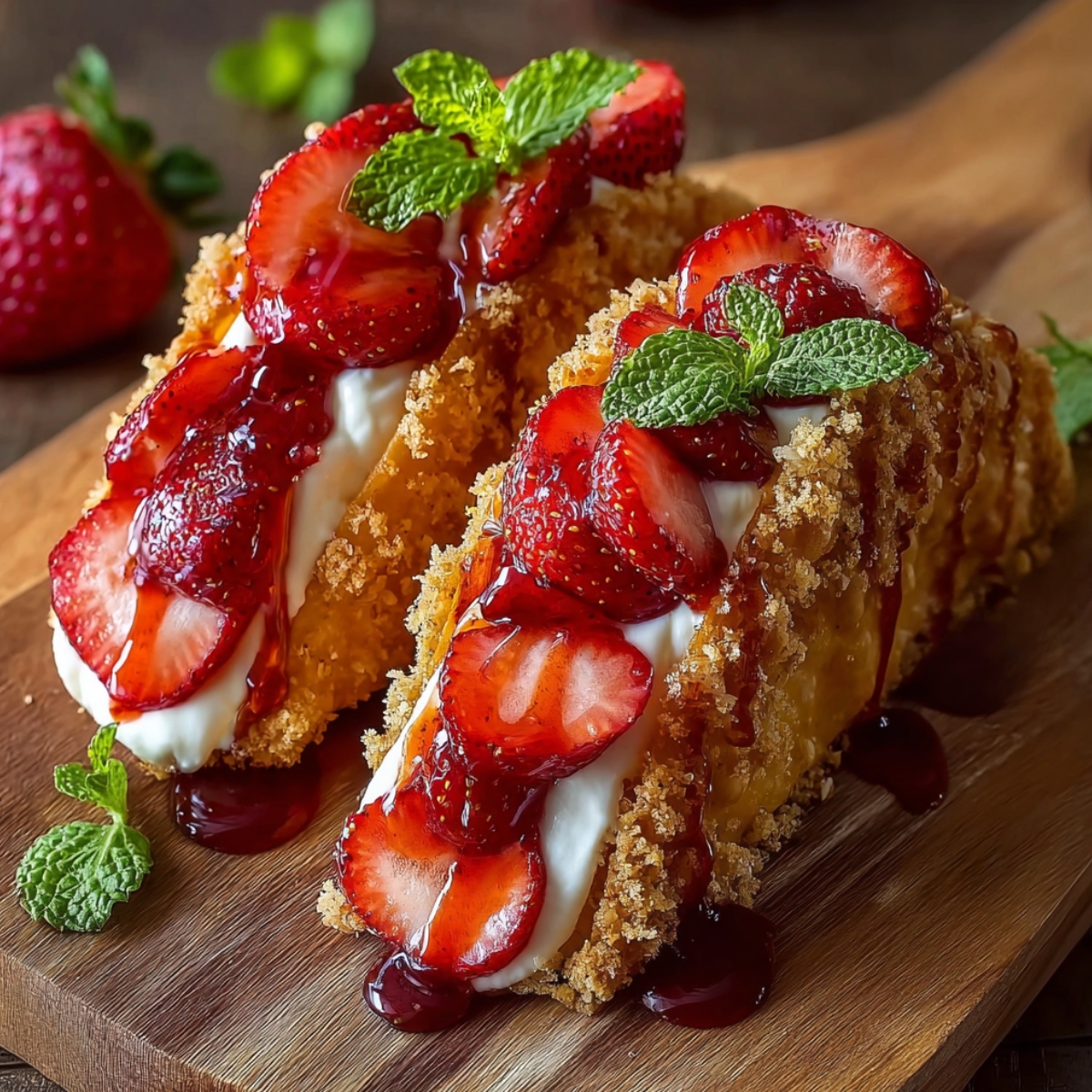 Two strawberry crunch cheesecake tacos on a wooden cutting board, featuring crispy golden crumb-coated taco shells filled with creamy cheesecake, piled with fresh sliced strawberries, drizzled with glossy strawberry sauce, and garnished with fresh mint leaves, with whole strawberries blurred in the background.