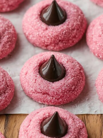 Close-up overhead view of pink strawberry kiss cookies arranged on parchment paper over a wooden cutting board. Each soft, crackled cookie is coated in pink sugar crystals and topped with a glossy dark chocolate Hershey's Kiss in the center. Approximately seven cookies are visible, with the center cookie in sharp focus.