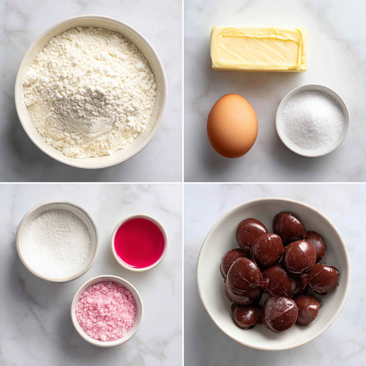 Ingredients for Strawberry Kiss Cookies arranged in a 4-panel flat lay on a white marble kitchen counter.