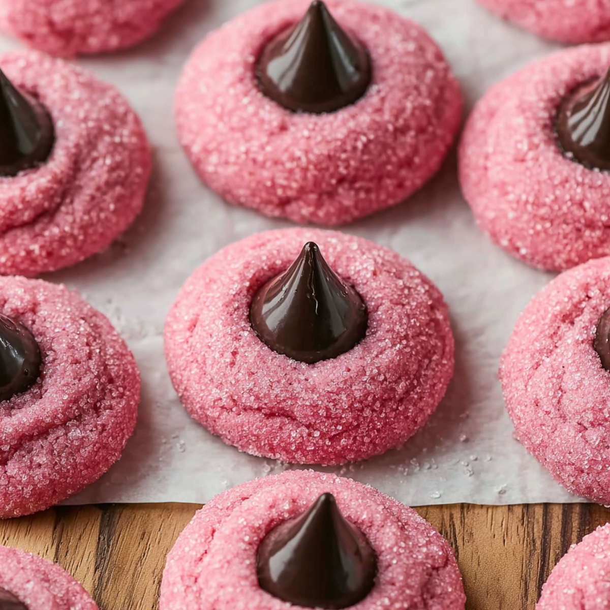 Close-up overhead view of pink strawberry kiss cookies arranged on parchment paper over a wooden cutting board. Each soft, crackled cookie is coated in pink sugar crystals and topped with a glossy dark chocolate Hershey's Kiss in the center. Approximately seven cookies are visible, with the center cookie in sharp focus.