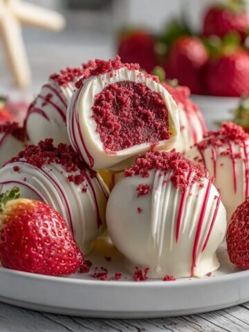 Strawberry Velvet Cheesecake Truffle Bites arranged on a white plate with fresh whole strawberries. The square-shaped truffles are coated in smooth white chocolate with red chocolate drizzle and topped with crumbled red velvet cake. One truffle is cut in half in the center, revealing a deep red velvet cake interior. The truffles are piled in a casual stack with fresh strawberries interspersed throughout and red velvet crumbs scattered on the plate. The background shows additional strawberries softly out of focus on a light gray surface.