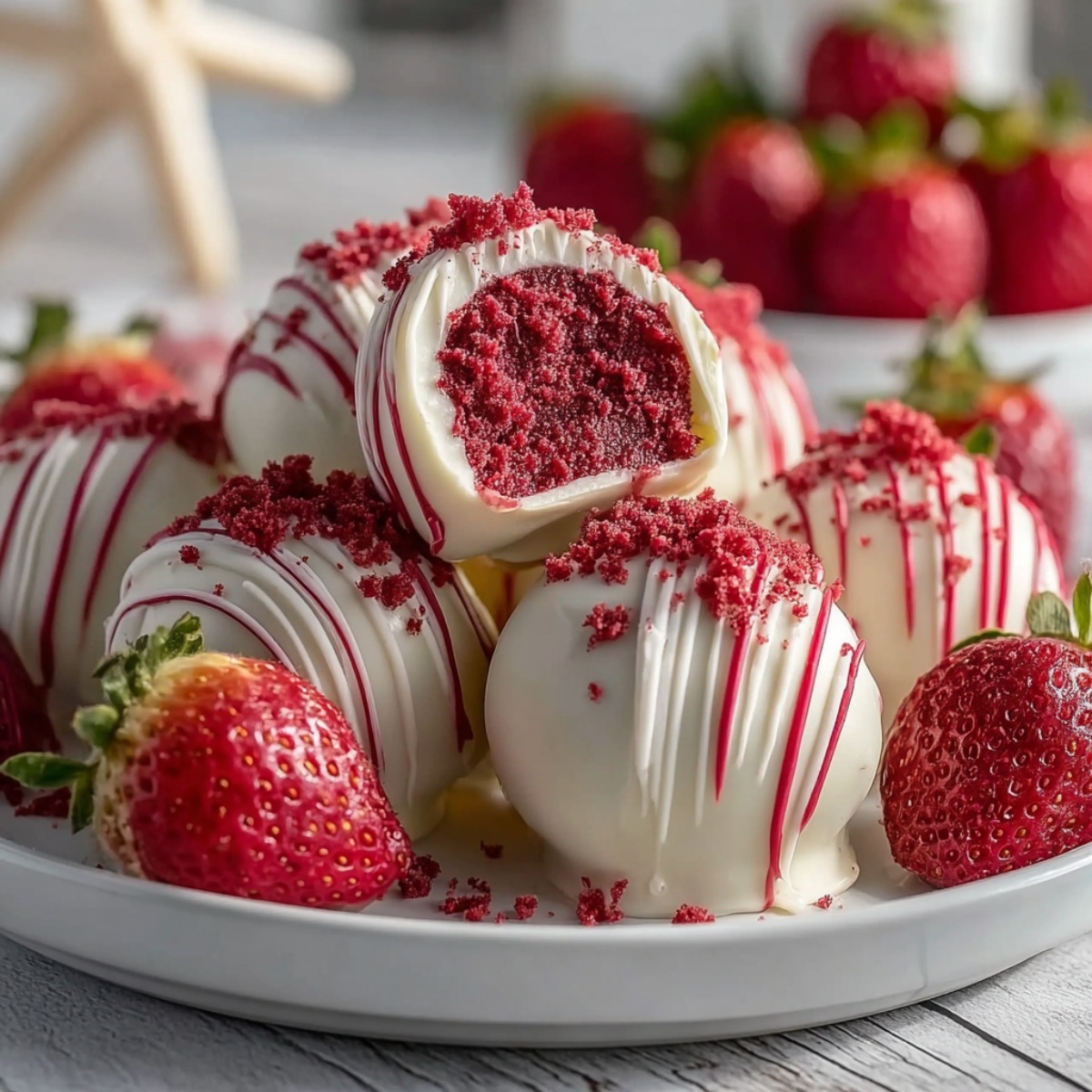 Strawberry Velvet Cheesecake Truffle Bites arranged on a white plate with fresh whole strawberries. The square-shaped truffles are coated in smooth white chocolate with red chocolate drizzle and topped with crumbled red velvet cake. One truffle is cut in half in the center, revealing a deep red velvet cake interior. The truffles are piled in a casual stack with fresh strawberries interspersed throughout and red velvet crumbs scattered on the plate. The background shows additional strawberries softly out of focus on a light gray surface.