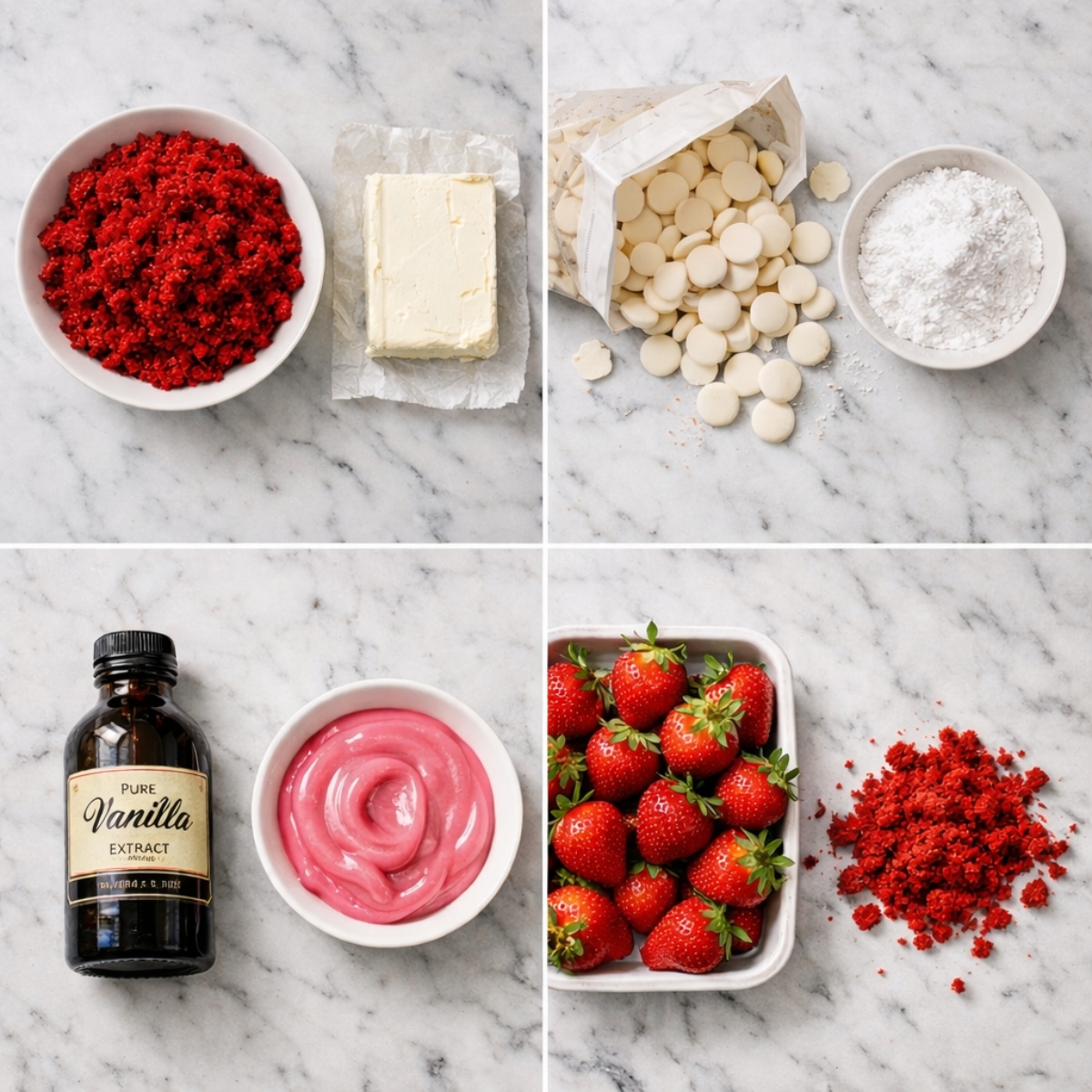 Ingredients for Strawberry Velvet Cheesecake Truffle Bites arranged in a 4-panel flat lay on a white marble kitchen counter.