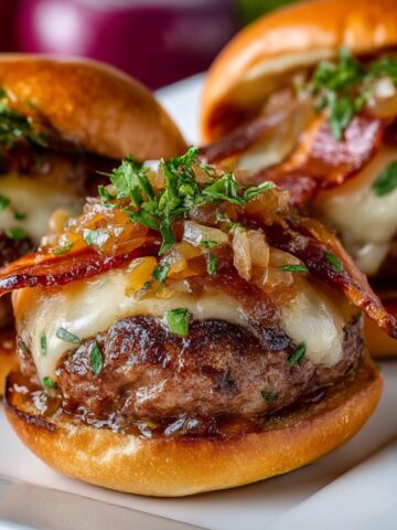 Close-up of stuffed portobello mushroom burger on golden toasted bun, topped with melted cheese, crispy bacon, caramelized onions, and fresh chopped parsley, with two more burgers in soft focus background on white plate