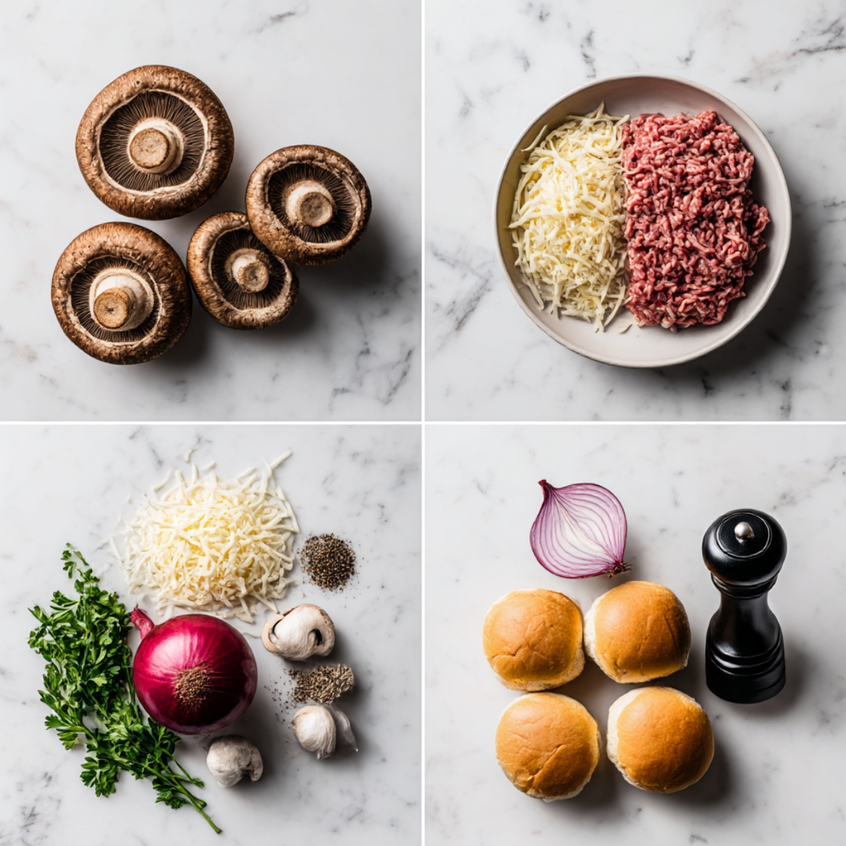 Ingredients for Stuffed Portobello Mushroom Burgers arranged in a 4-panel flat lay on a white marble kitchen counter.