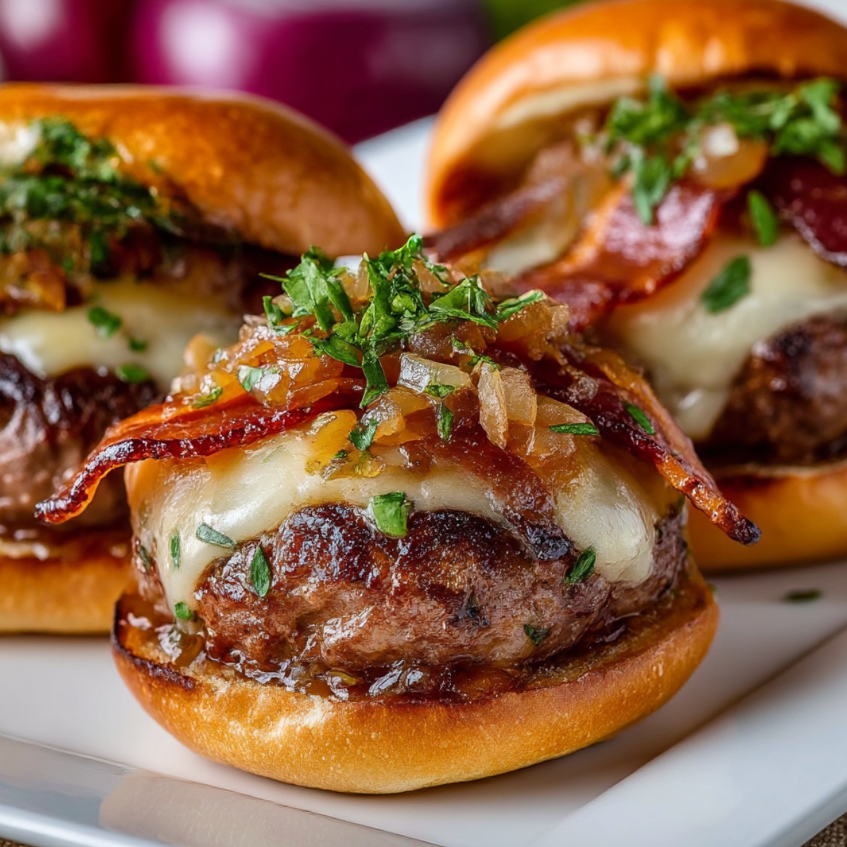 Close-up of stuffed portobello mushroom burger on golden toasted bun, topped with melted cheese, crispy bacon, caramelized onions, and fresh chopped parsley, with two more burgers in soft focus background on white plate