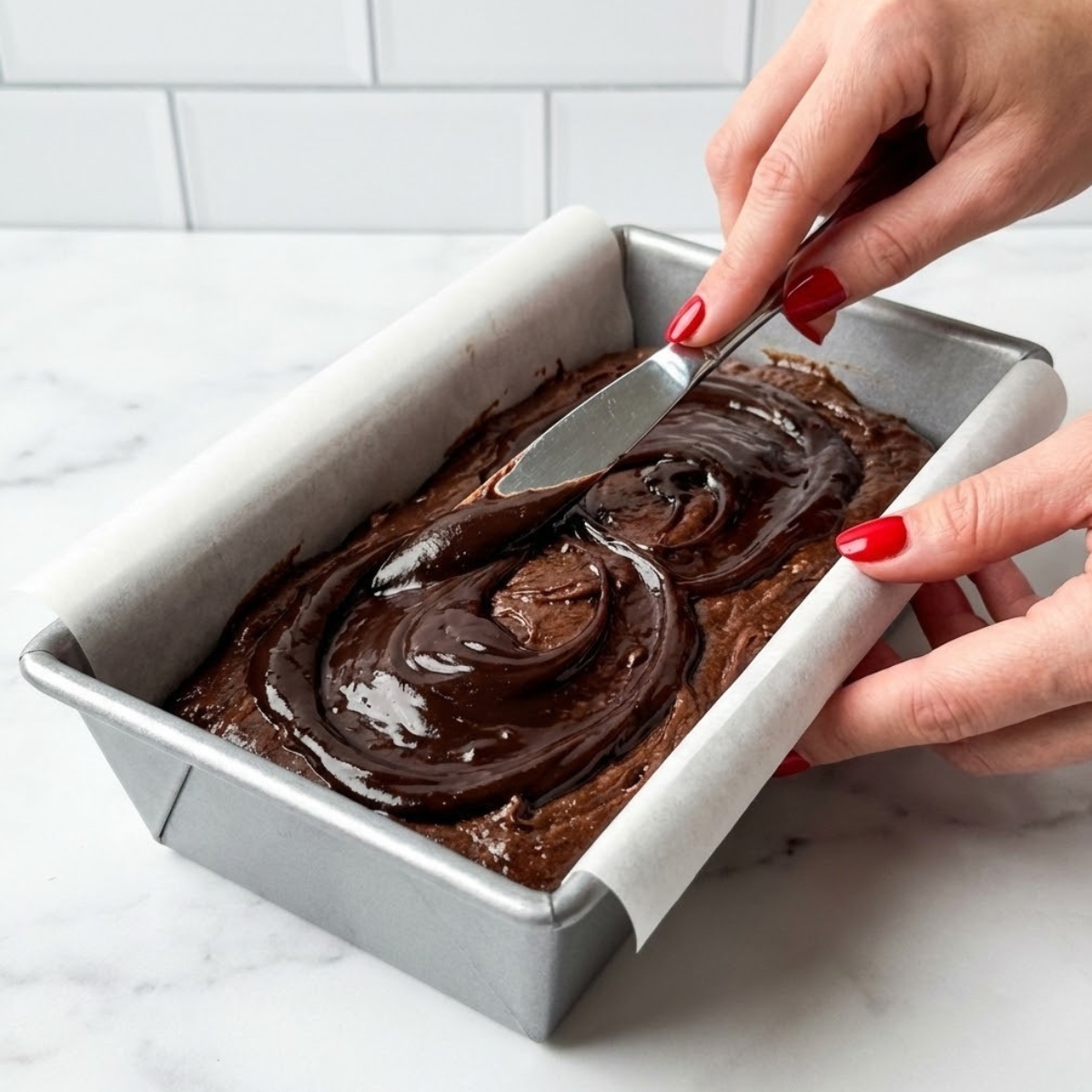 Close-up of hands with red nails using a butter knife to swirl hot fudge into brownie bread batter in a loaf pan.