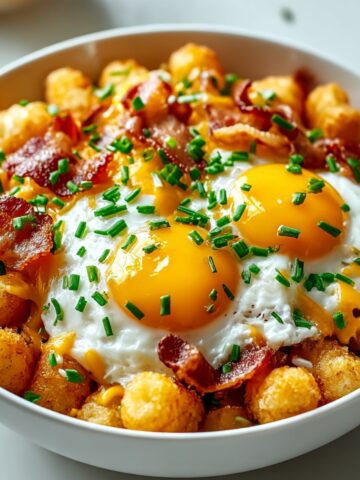 White bowl filled with crispy golden tater tots topped with two sunny-side-up eggs with runny yolks, crumbled bacon, melted cheddar cheese, and freshly chopped chives