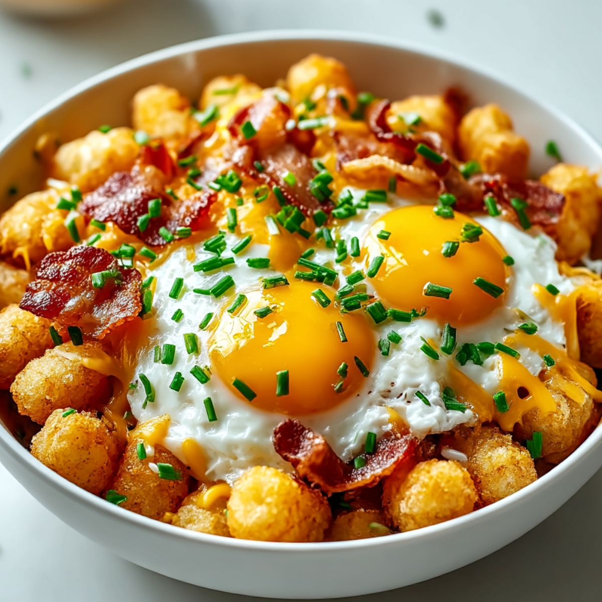 White bowl filled with crispy golden tater tots topped with two sunny-side-up eggs with runny yolks, crumbled bacon, melted cheddar cheese, and freshly chopped chives