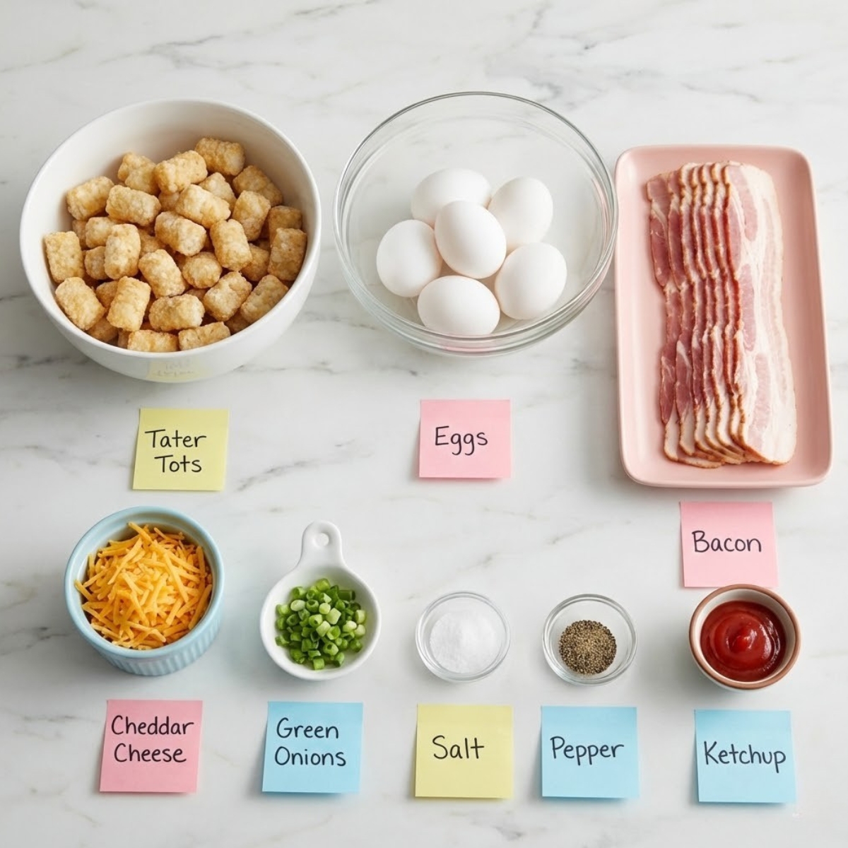 Overhead view of ingredients for tater tot breakfast bowls including frozen tots, bacon, eggs, and cheese organized in bowls on a marble counter.