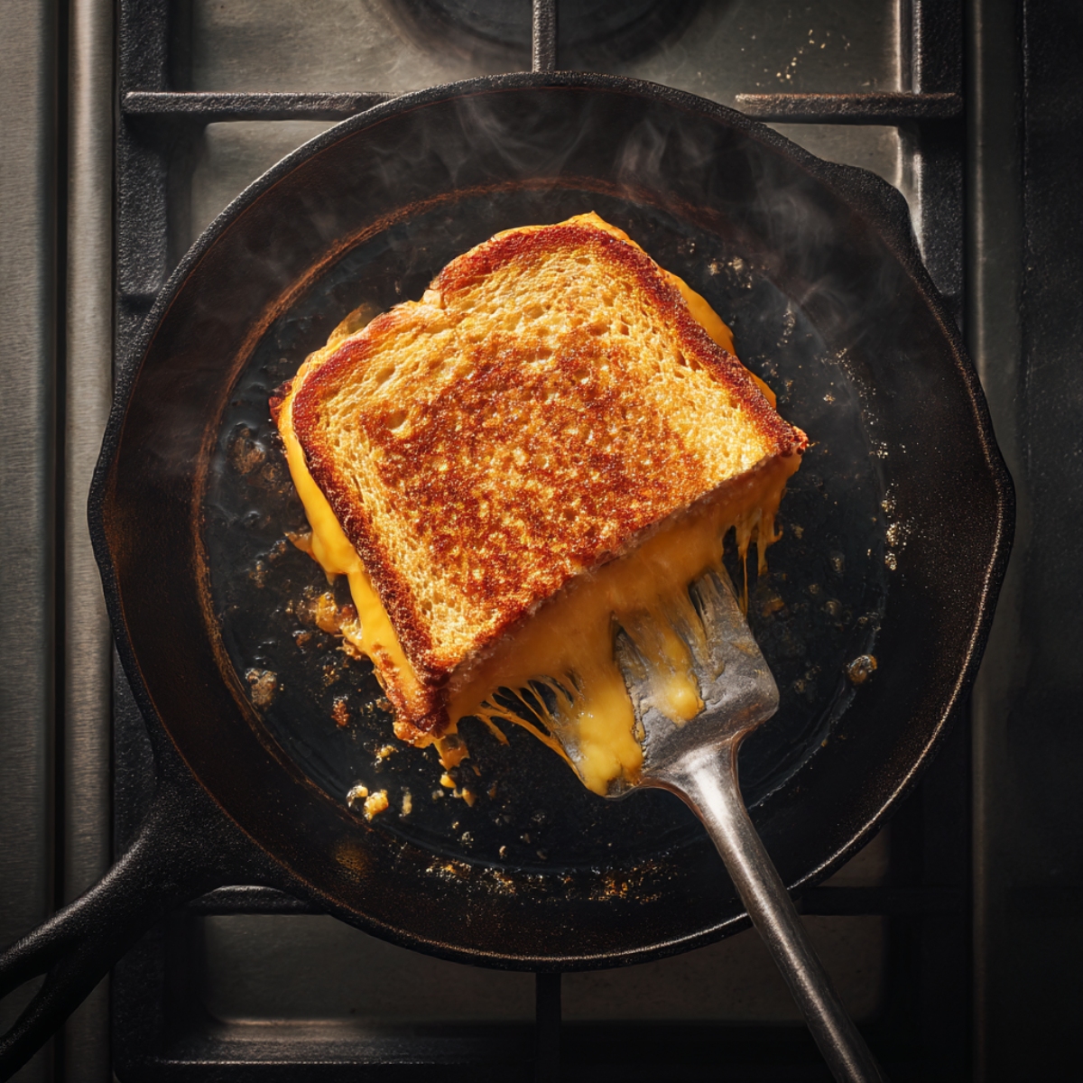 This is the cooking action shot. It captures the golden-brown crust forming in the cast-iron skillet, which is the most appetizing visual cue for a grilled cheese-style melt.