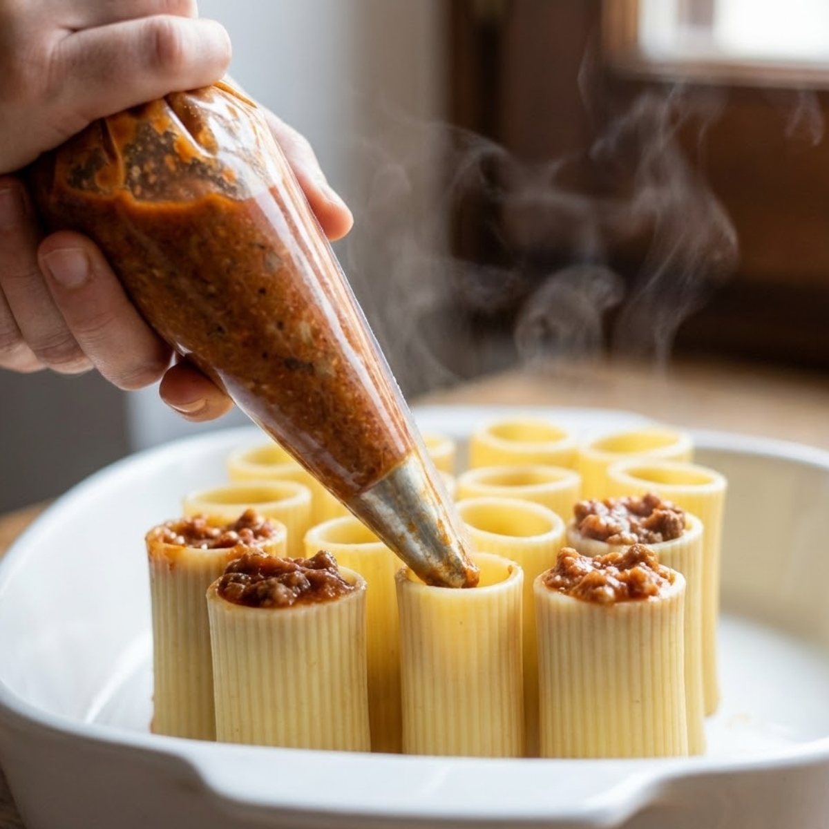 A square close-up action shot showing how to pipe savory beef ragu into cooked rigatoni tubes using a piping bag in a white baking dish.