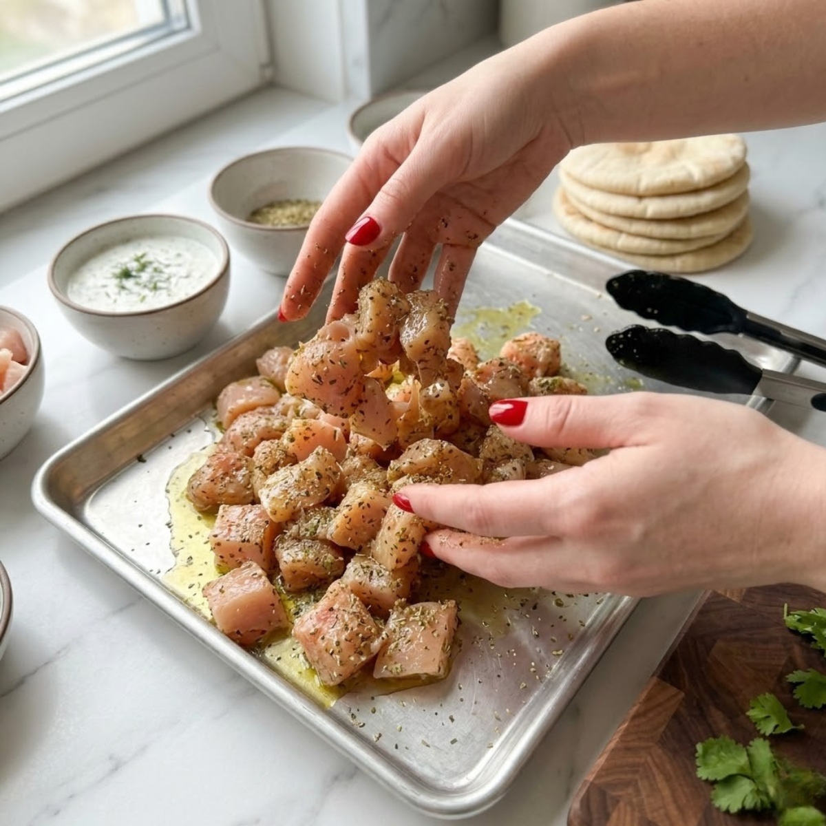 Close-up of hands with red nails tossing diced chicken with Greek seasoning blend in a sheet pan on a white marble counter.