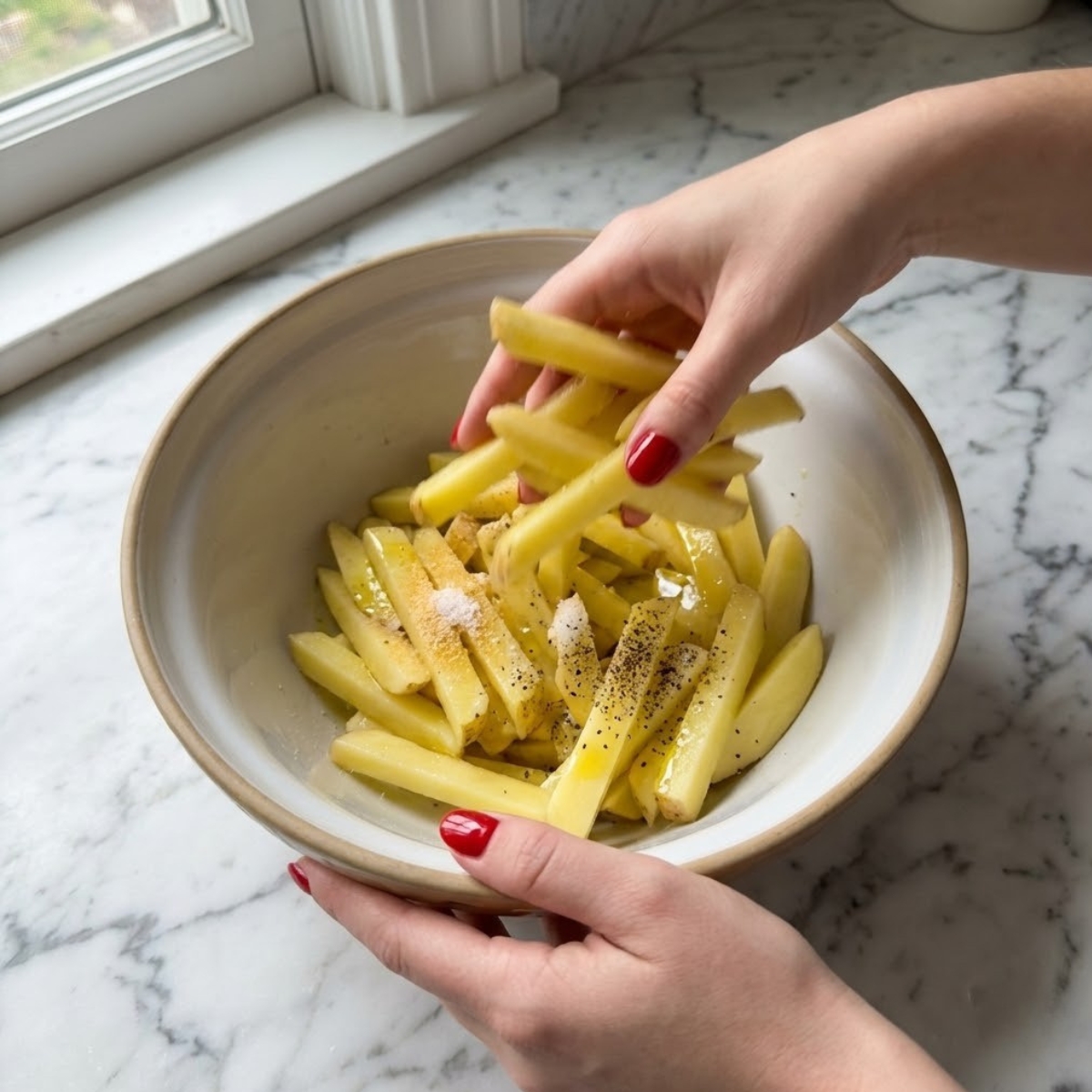 Close-up of a woman's hands with red nails tossing cut potatoes with seasoning in a bowl on a white marble counter.