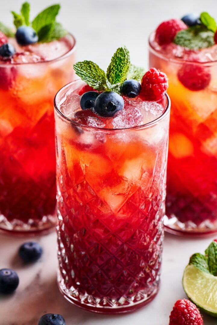 Three crystal-cut highball glasses filled with vibrant red tropical berry drinks over ice, each garnished with fresh blueberries, raspberries, and mint leaves, surrounded by scattered blueberries, raspberries, and lime wedges on a marble surface.