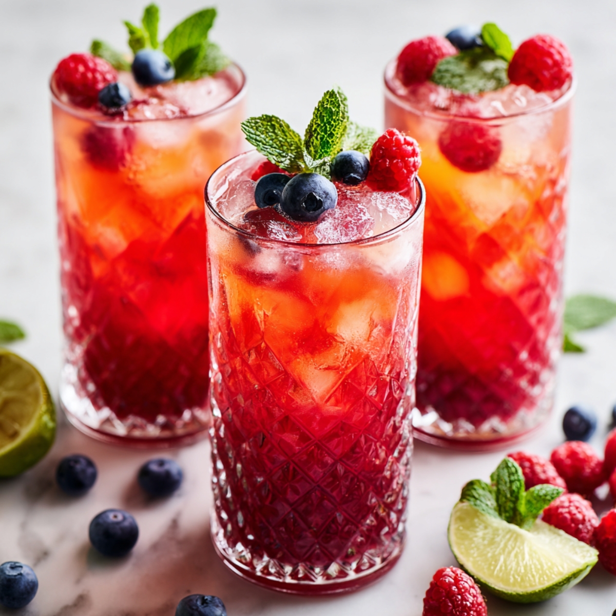 Three crystal-cut highball glasses filled with vibrant red tropical berry drinks over ice, each garnished with fresh blueberries, raspberries, and mint leaves, surrounded by scattered blueberries, raspberries, and lime wedges on a marble surface.