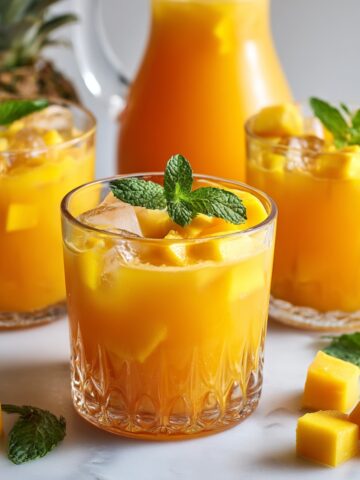 Tropical mango pineapple punch in cut crystal rocks glasses with vibrant golden-orange ombre color, filled with ice, fresh mango and pineapple chunks, topped with fresh mint sprigs, with pitcher and tropical fruit in background on white marble