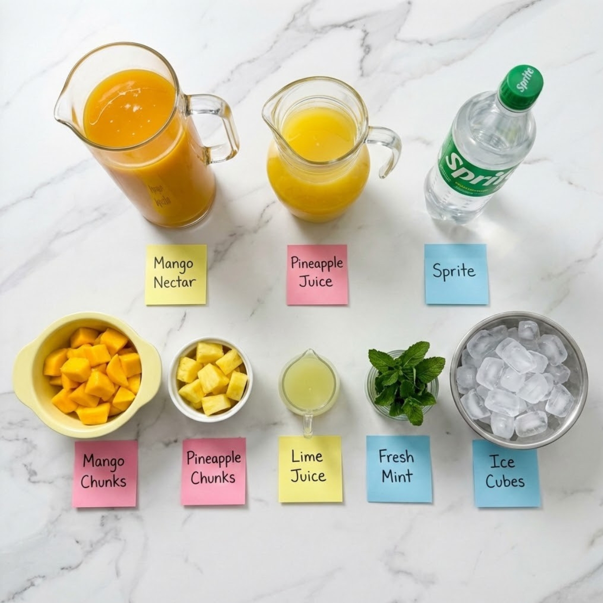 Overhead view of punch ingredients including mango nectar, pineapple juice, fruit chunks, and mint organized in bowls and pitchers with sticky note labels on a marble counter.