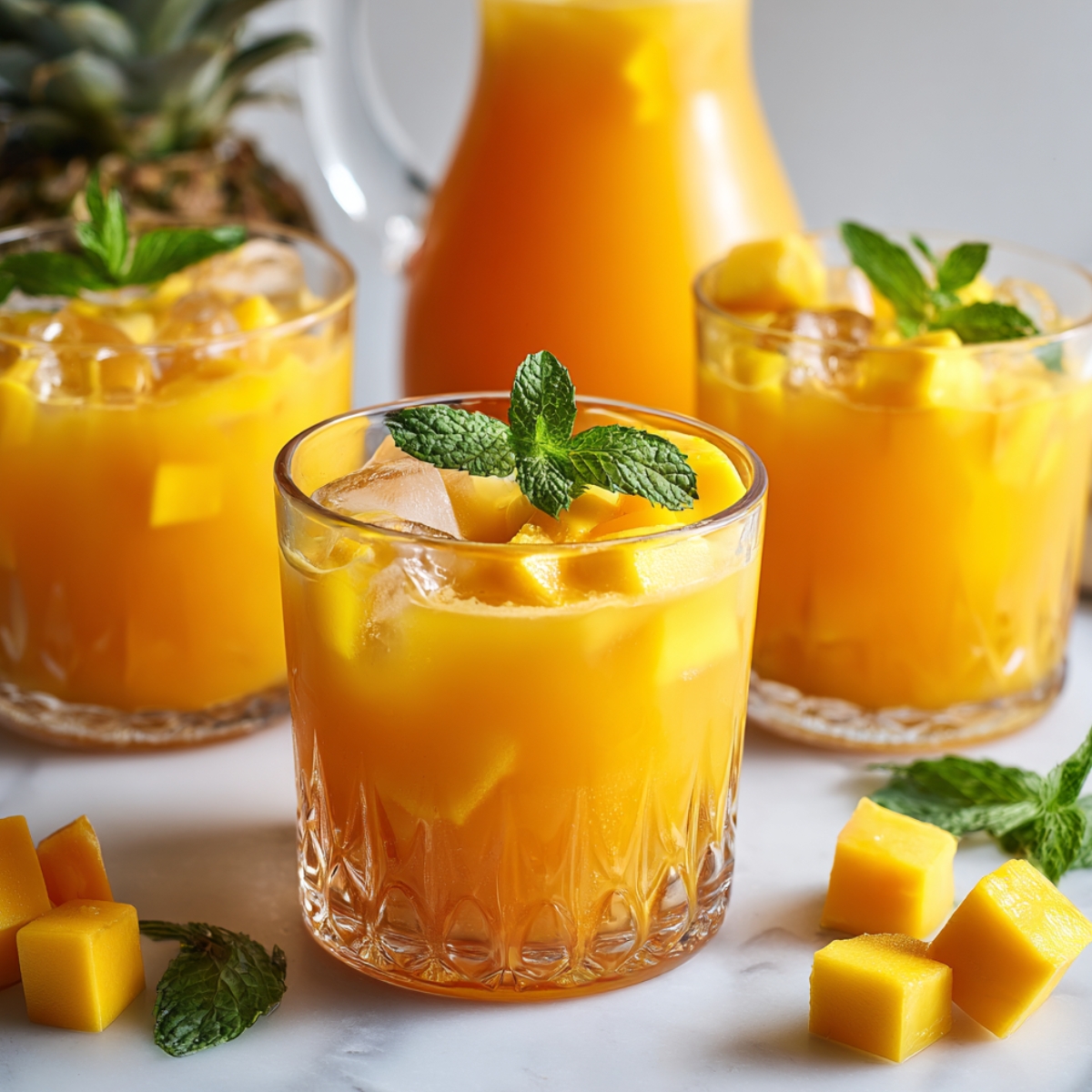 Tropical mango pineapple punch in cut crystal rocks glasses with vibrant golden-orange ombre color, filled with ice, fresh mango and pineapple chunks, topped with fresh mint sprigs, with pitcher and tropical fruit in background on white marble