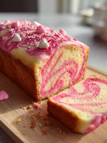 Sliced Valentine's banana bread on wooden cutting board showing pink and white marbled swirl pattern inside, topped with pink frosting, white heart sprinkles, and colorful nonpareils, with coffee cup blurred in background