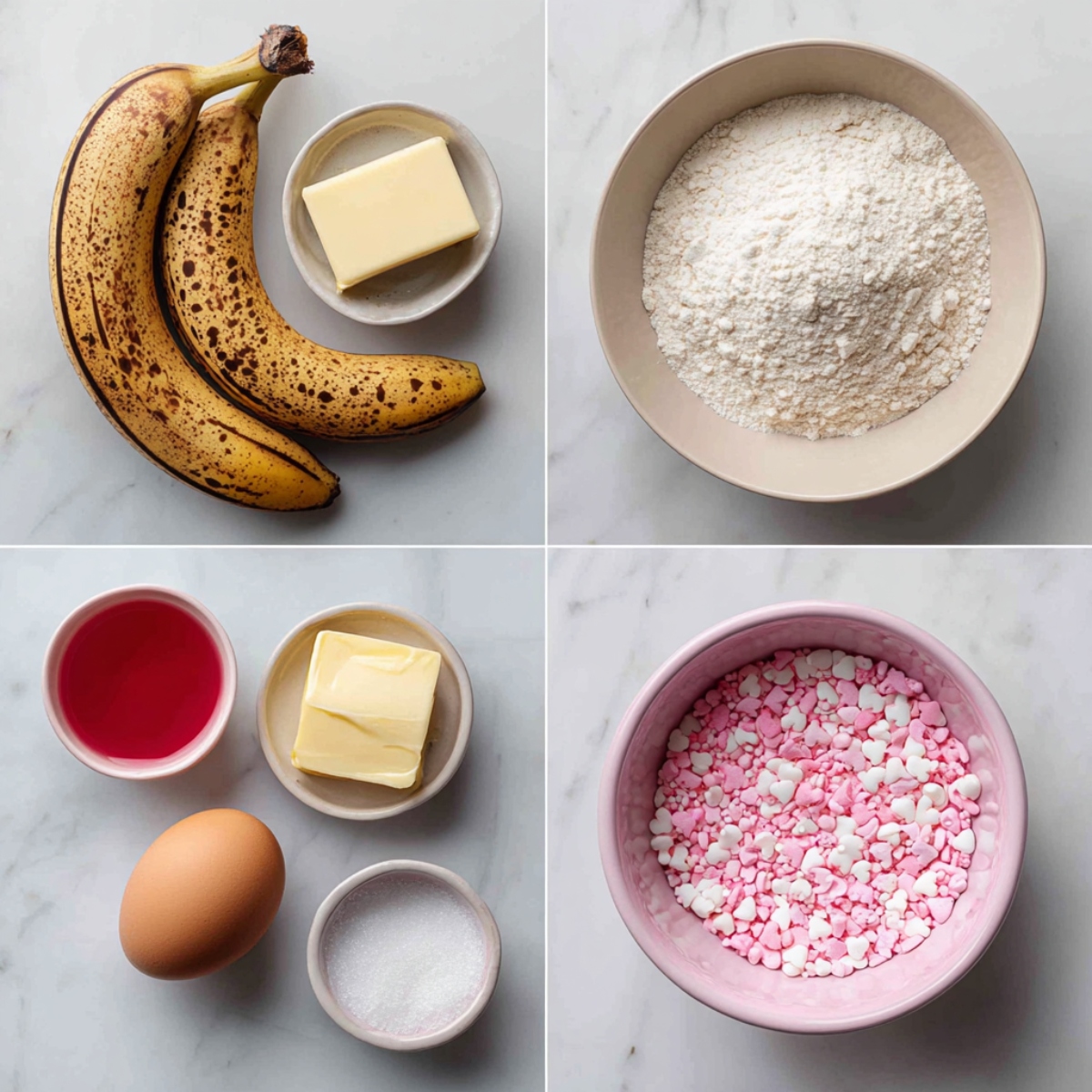 Ingredients for Valentine's Banana Bread arranged in a 4-panel flat lay on a white marble kitchen counter.