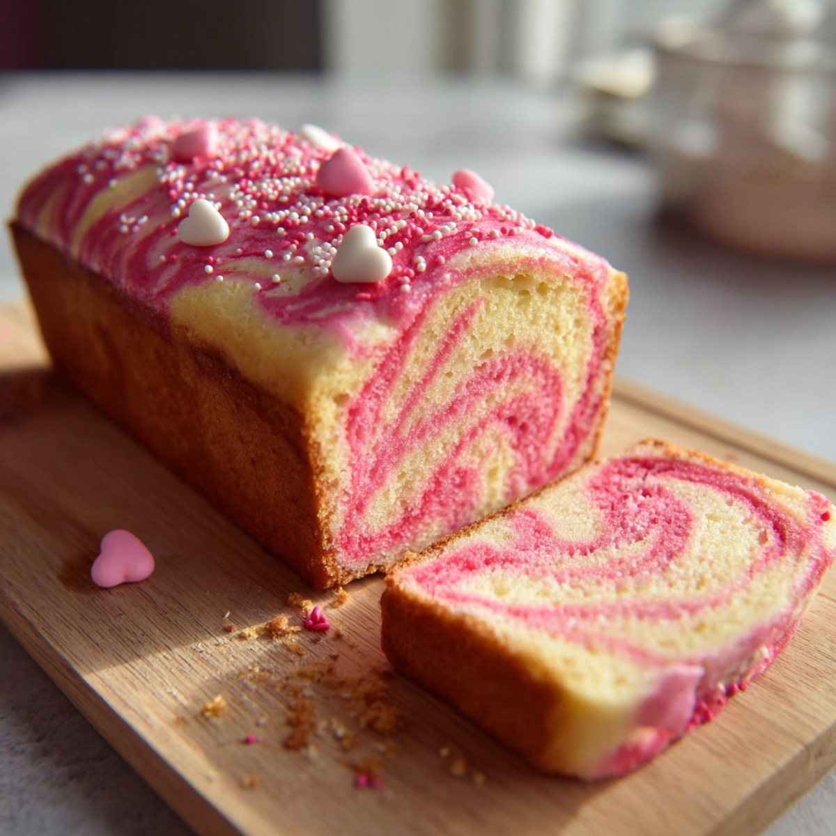 Sliced Valentine's banana bread on wooden cutting board showing pink and white marbled swirl pattern inside, topped with pink frosting, white heart sprinkles, and colorful nonpareils, with coffee cup blurred in background