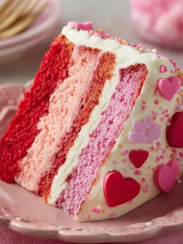 Close-up of a single slice of Valentine's layered cake on a pink scalloped ceramic plate. The slice reveals beautiful alternating layers of deep red, coral, light pink, and rose-colored cake separated by smooth white frosting. The frosted side is decorated with red, pink, and lavender heart-shaped fondant pieces, a small purple flower decoration, and colorful rainbow sprinkles. Gold forks and white plates are softly blurred in the background, with a pink tablecloth visible beneath