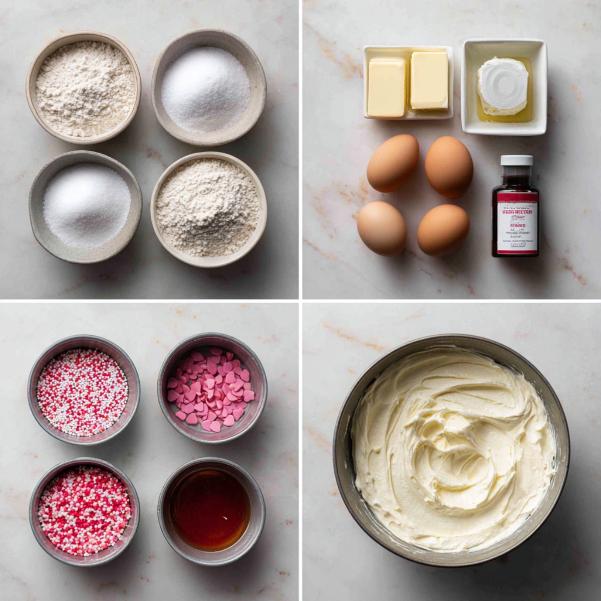 Ingredients for Valentine’s Cake arranged in a 4-panel flat lay on a white marble kitchen counter.