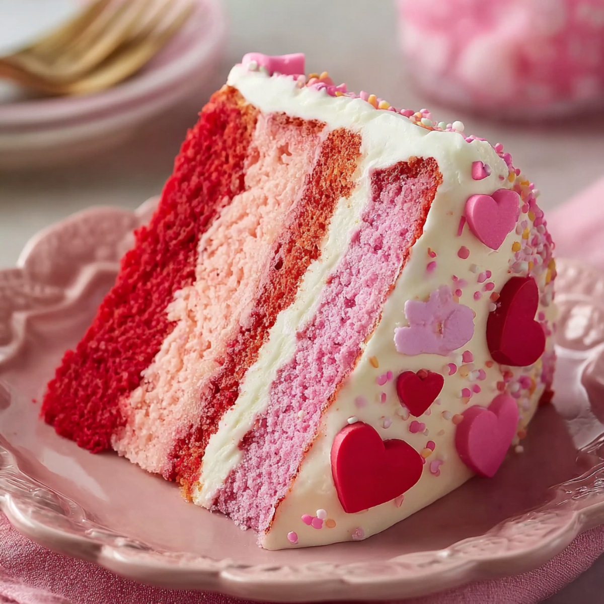 Close-up of a single slice of Valentine's layered cake on a pink scalloped ceramic plate. The slice reveals beautiful alternating layers of deep red, coral, light pink, and rose-colored cake separated by smooth white frosting. The frosted side is decorated with red, pink, and lavender heart-shaped fondant pieces, a small purple flower decoration, and colorful rainbow sprinkles. Gold forks and white plates are softly blurred in the background, with a pink tablecloth visible beneath