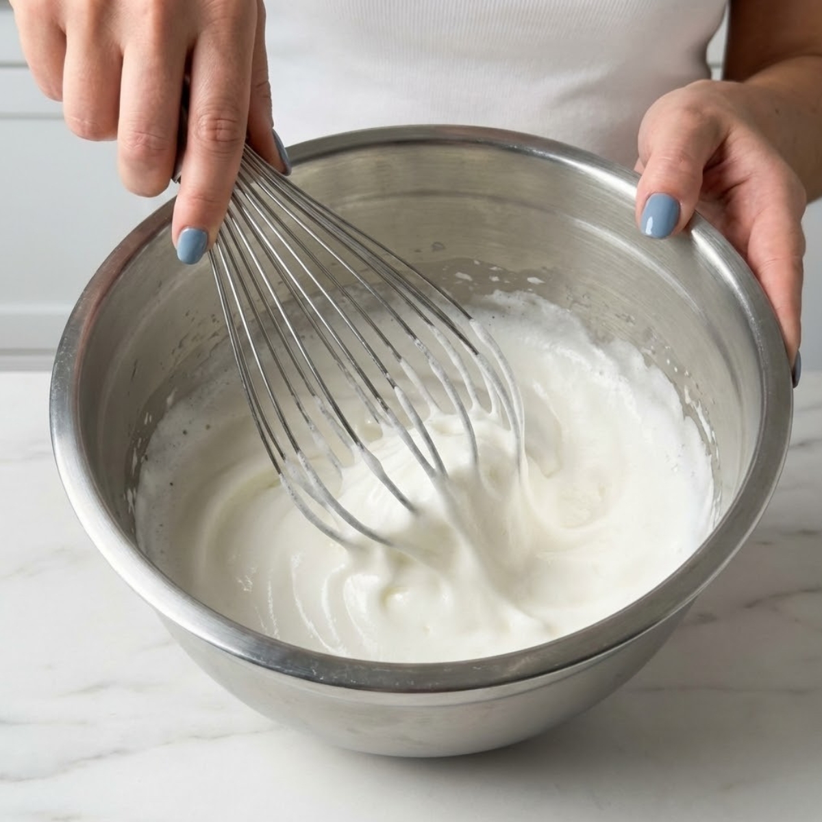 Extreme close-up of hands with fog blue nails whisking egg whites into stiff peaks in a stainless steel bowl.