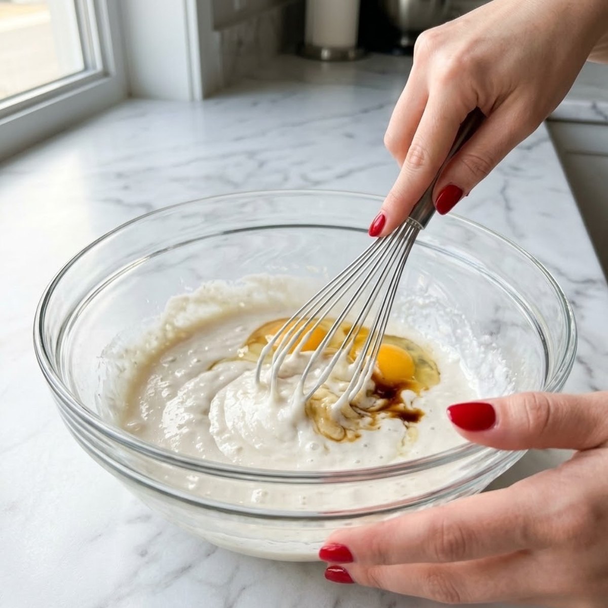 Close-up of a young woman's hands with classic red nails vigorously whisking thick coconut cream, eggs, and vanilla until smooth in a mixing bowl on a white marble counter.