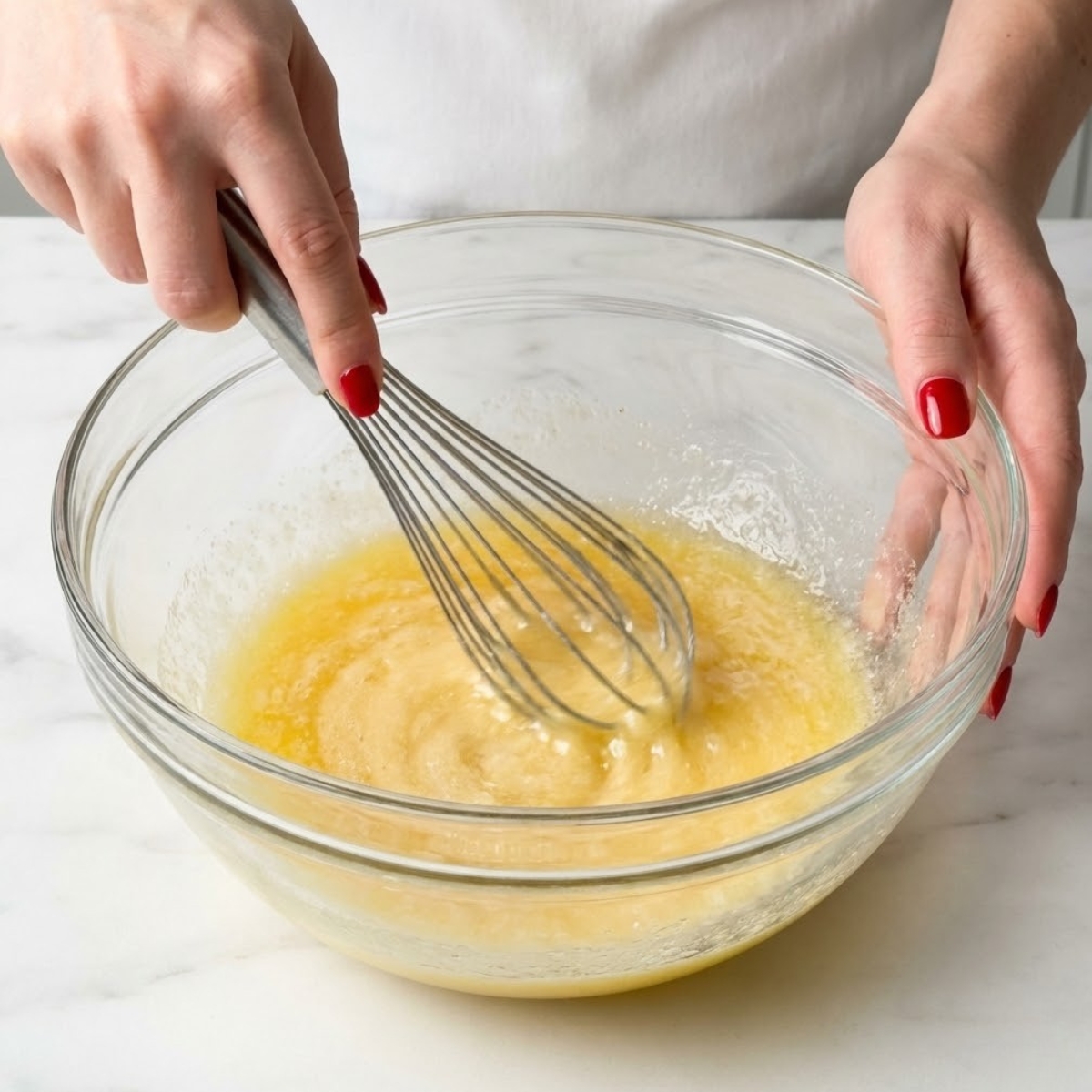Extreme close-up of hands with red nails whisking melted butter, sugar, and eggs in a glass bowl.