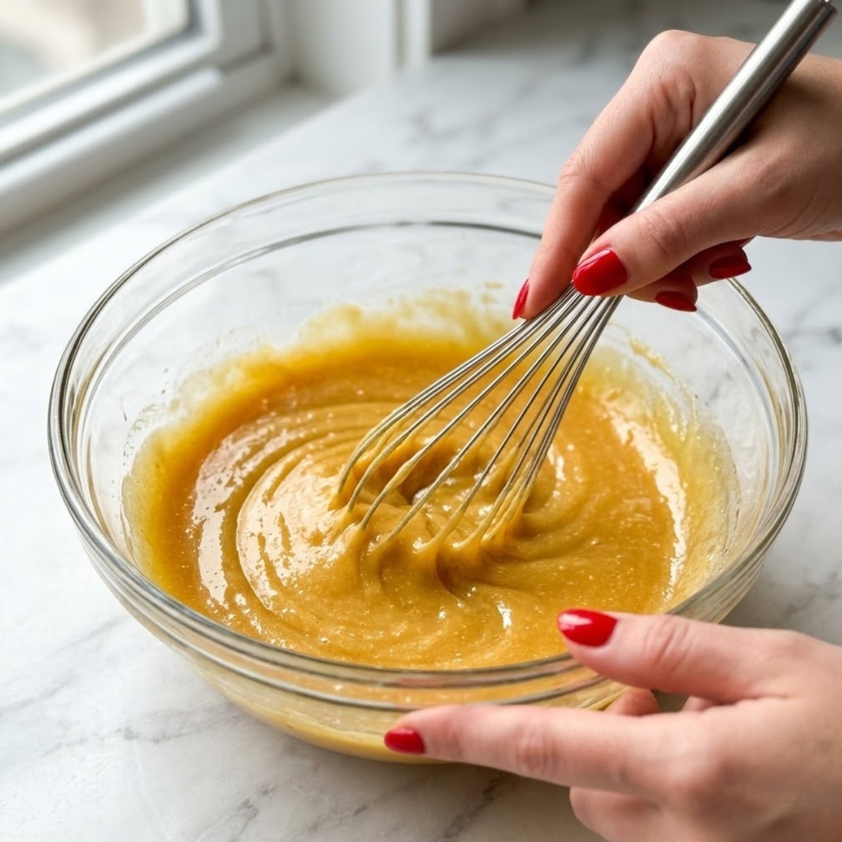 Close-up of a young woman's hand with classic red nails whisking a creamy golden honey custard pie filling in a mixing bowl on a white marble counter.